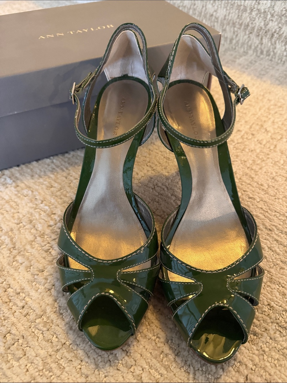 Ann Taylor Glossy Forest Green Slingback Peep-Toe Heels